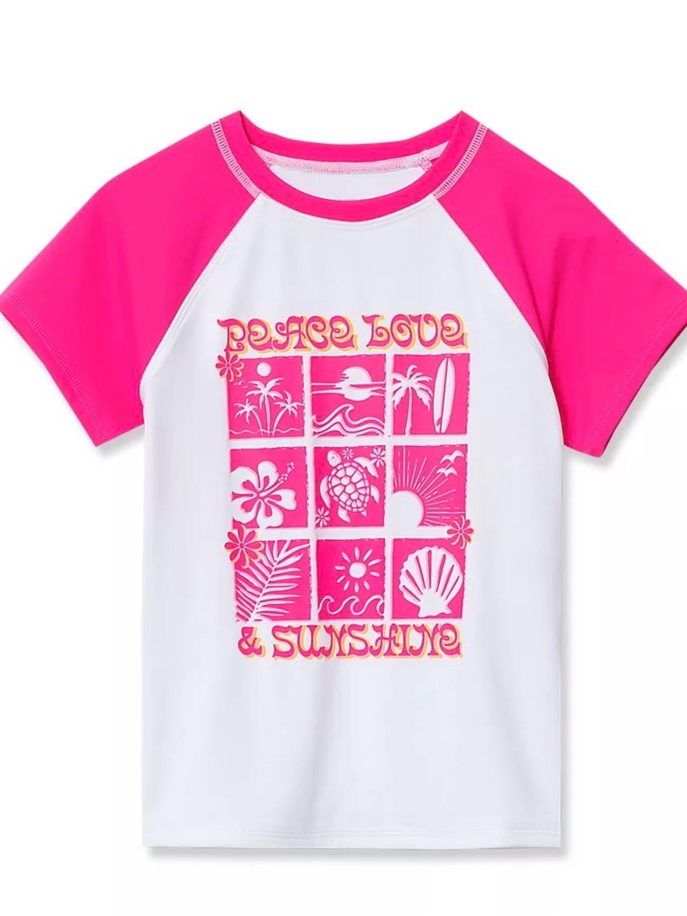 Girls Short Sleeve Crew Neck Swim Rash Guard, Sunshine/Pink/White, Size L